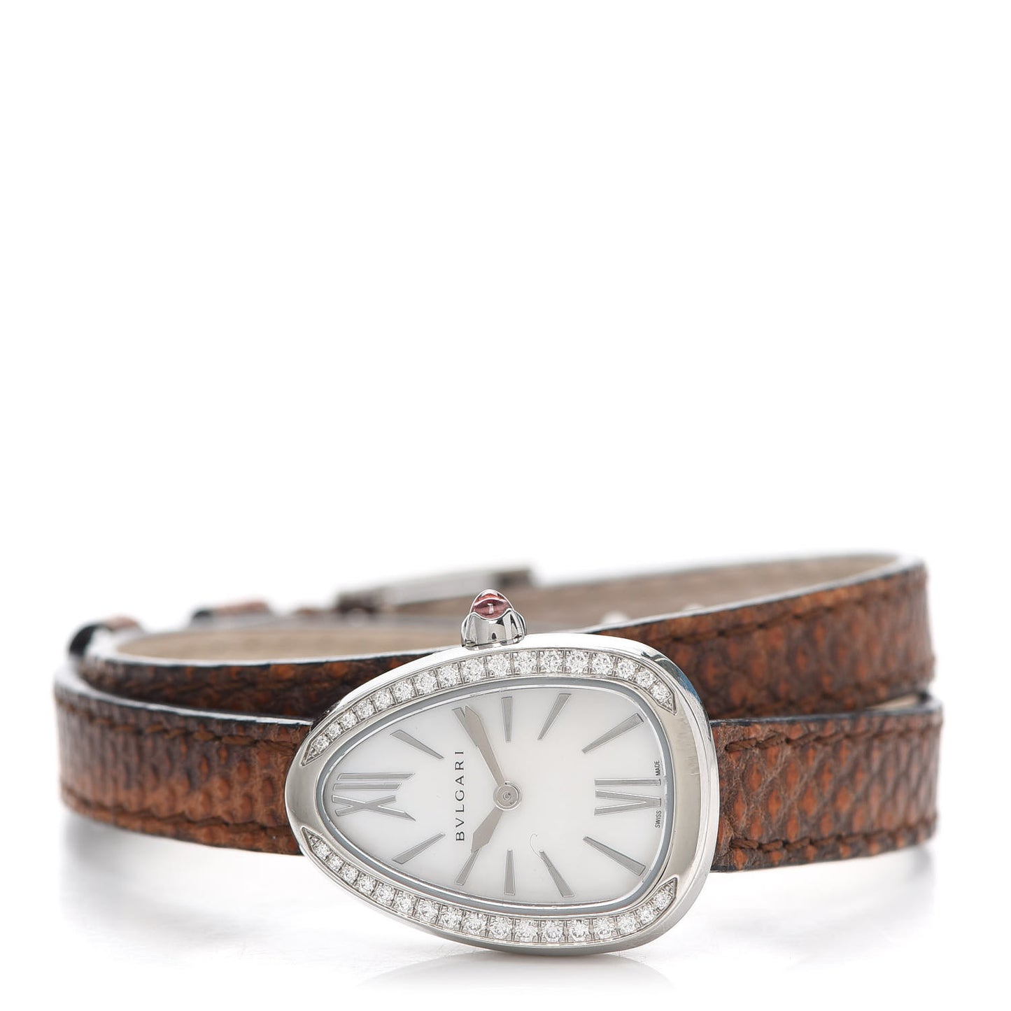 Stainless Steel Lizard Diamond Bezel Mother of Pearl 20mm Serpenti Double Wrap Quartz Watch Brown