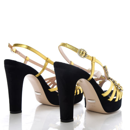 Gucci Velvet Nappa Crystal Zephyra Slingback Platform High Heel Sandals 38.5 Black Gold 4 of 8