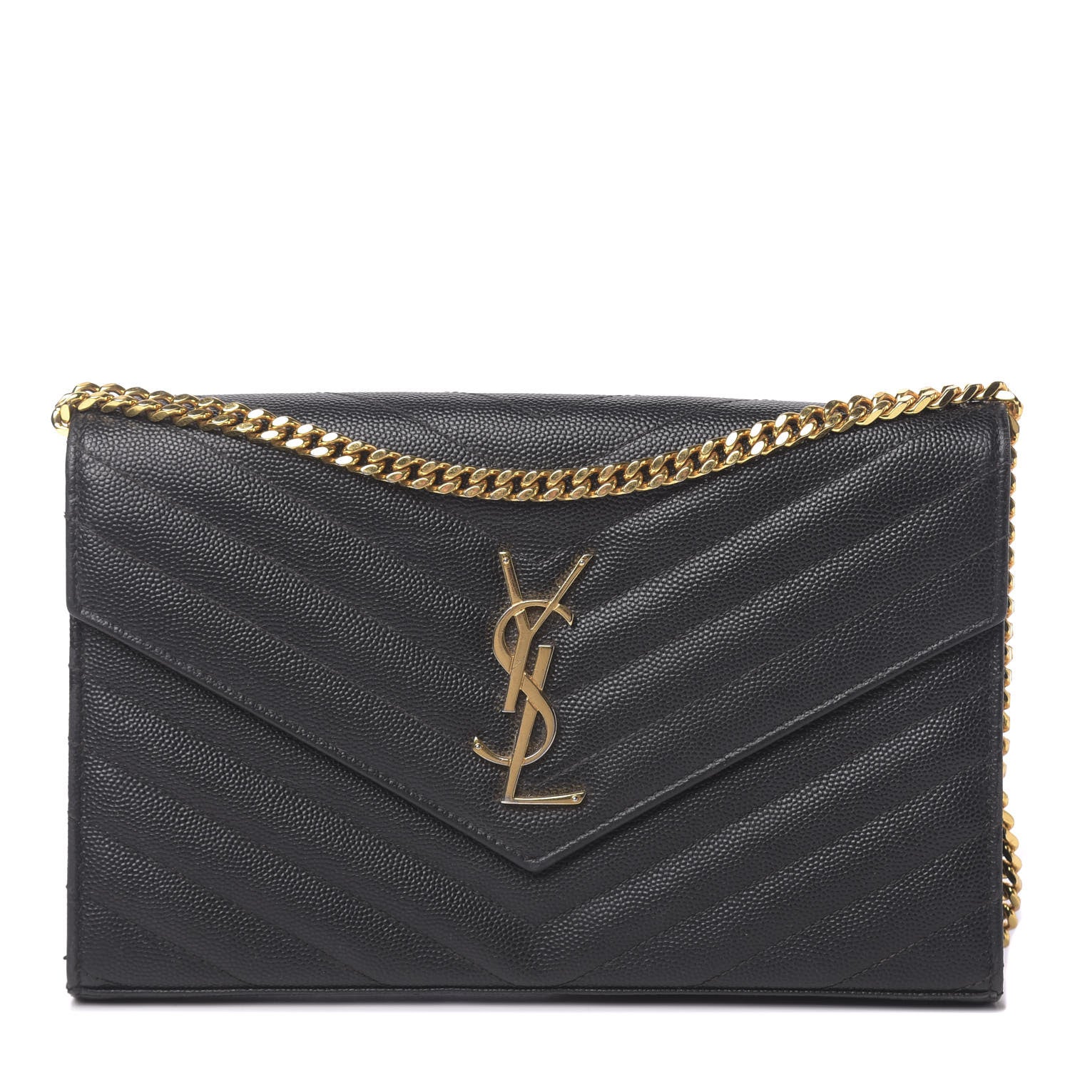 Saint Laurent Grain De Poudre Matelasse Chevron Monogram Chain Wallet Black 1 of 14