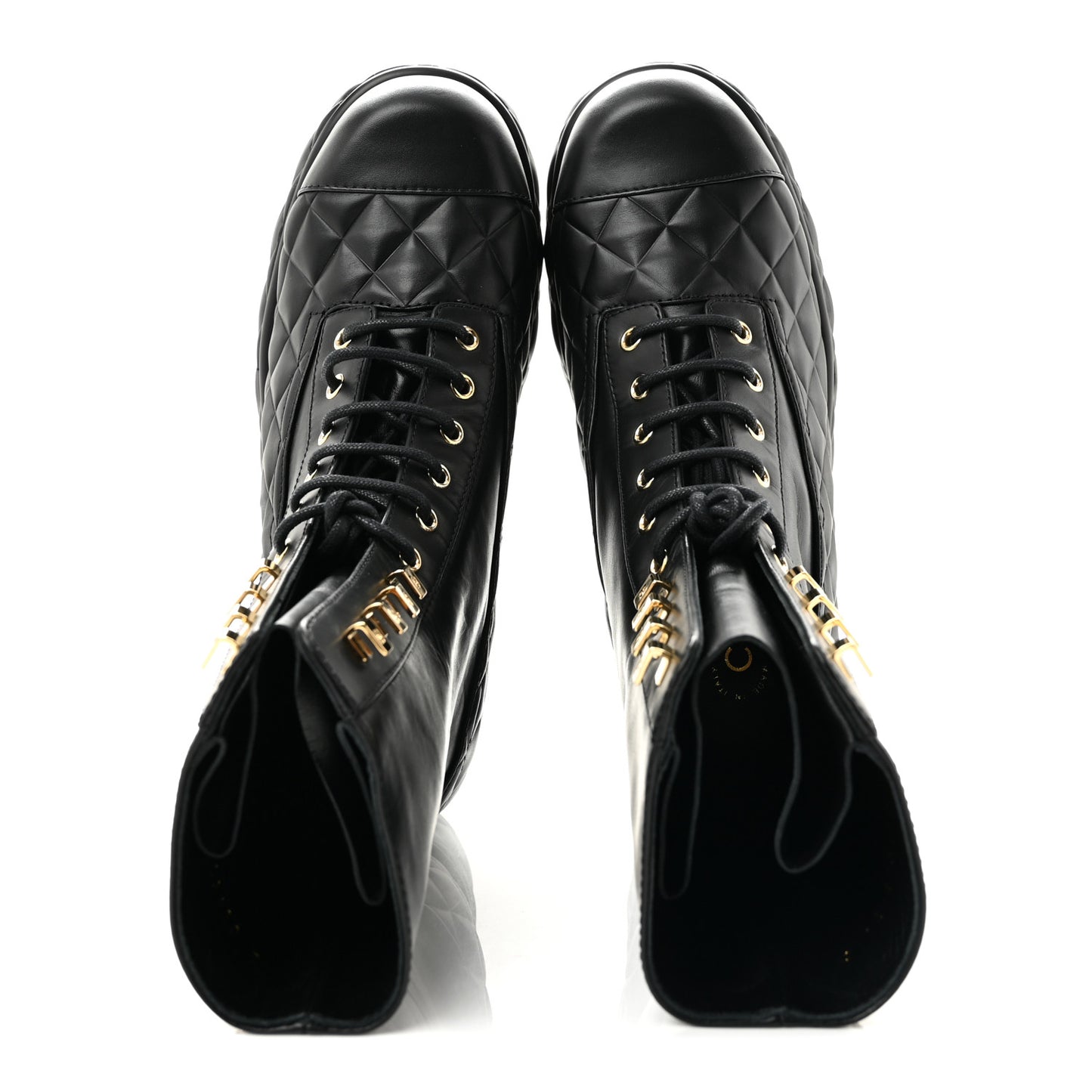 Calfskin Quilted Lace Up Combat Boots 38 Black
