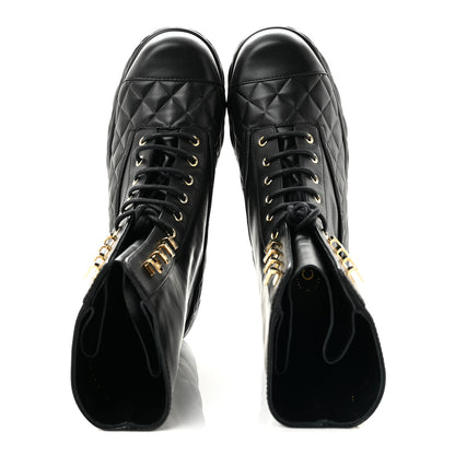 Chanel Calfskin Quilted Lace Up Combat Boots 38 Black 2 of 10