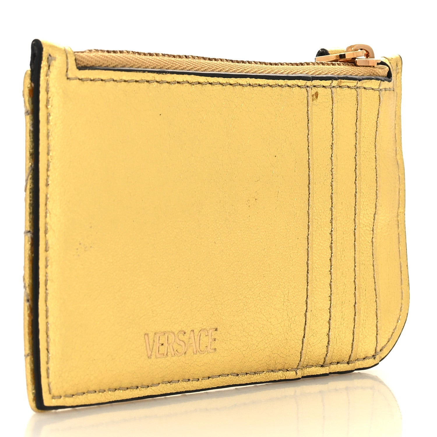 Versace Metallic Nappa Quilted Virtus Zip Pouch Card Holder Gold 3 of 8