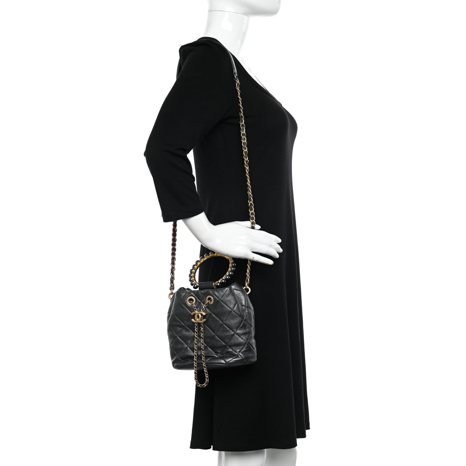 Chanel Metallic Lambskin Quilted Pearl Crown Drawstring Bag Anthracite 2 of 10