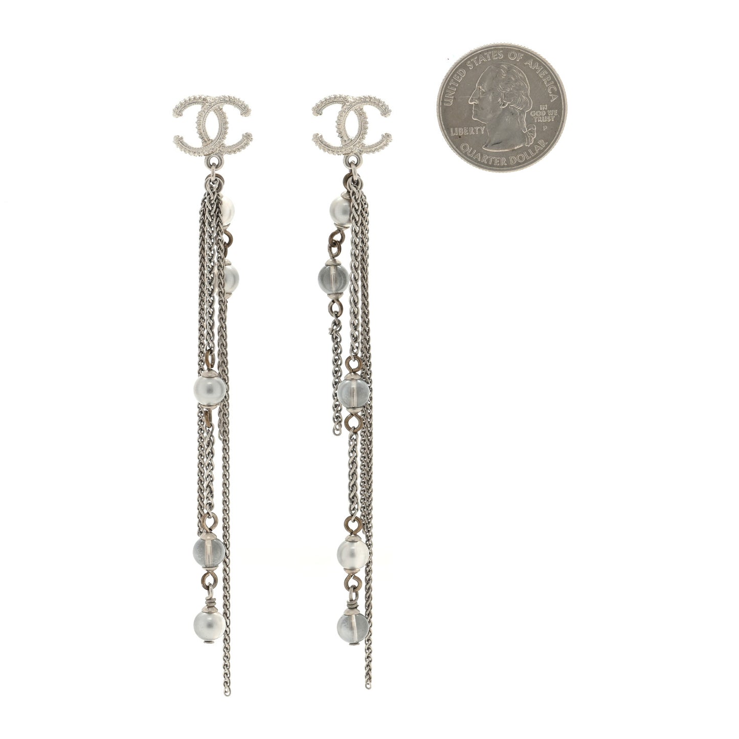 Metal Chain Pearl CC Drop Earrings Silver