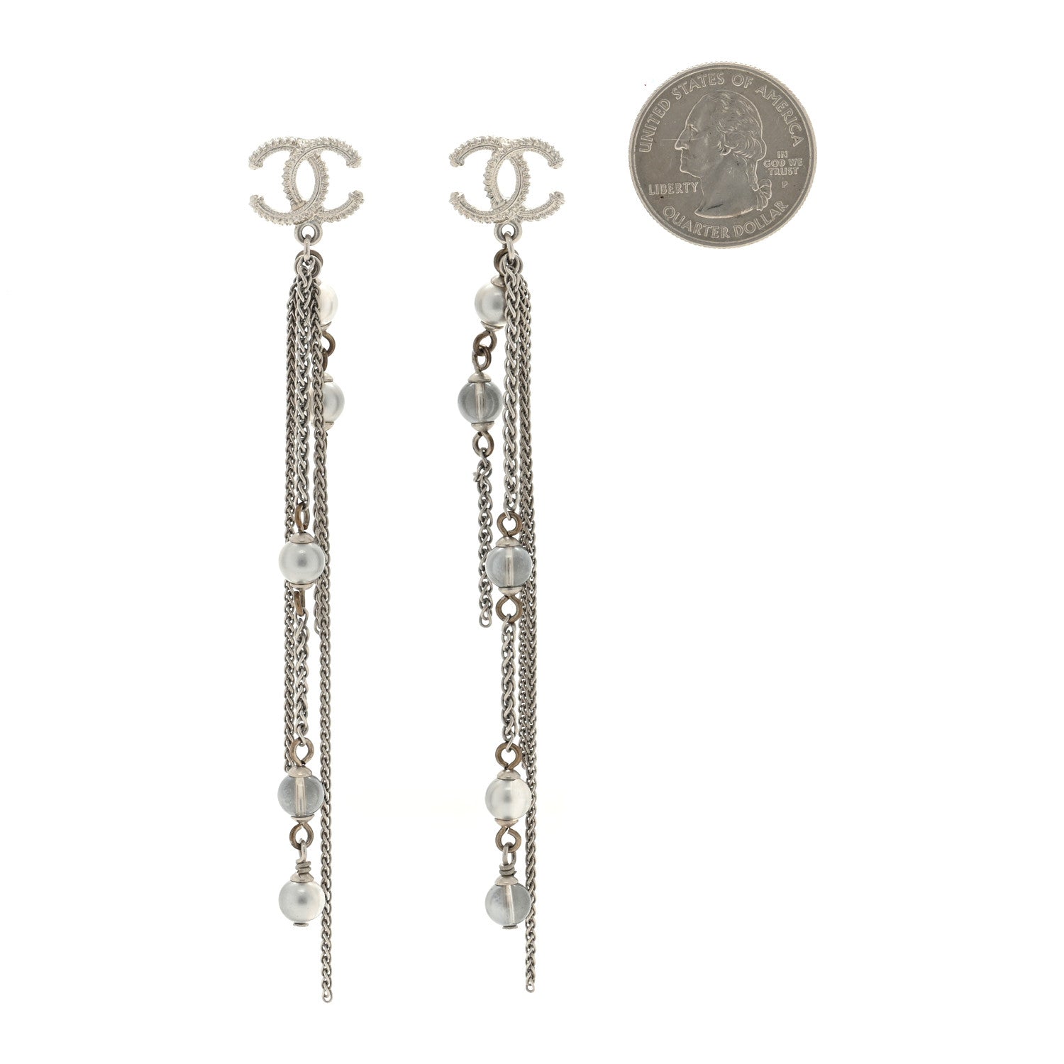 Chanel Metal Chain Pearl CC Drop Earrings Silver 2 of 4
