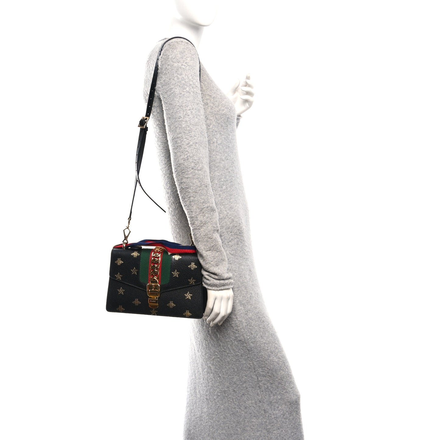 Textured Calfskin Bee Star Print Small Sylvie Shoulder Bag Black