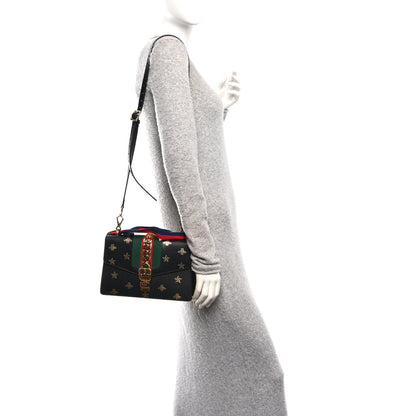Gucci Textured Calfskin Bee Star Print Small Sylvie Shoulder Bag Black 2 of 11