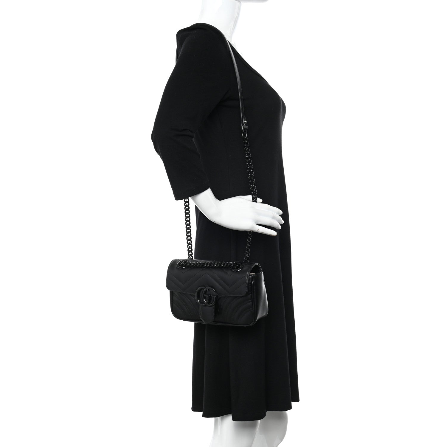 Gucci Calfskin Matelasse Monochrome Mini GG Marmont Shoulder Bag Black 2 of 11