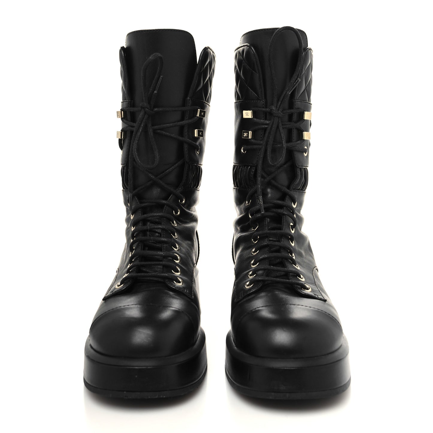 Lambskin Quilted Lace Up Combat Boots 39 Black