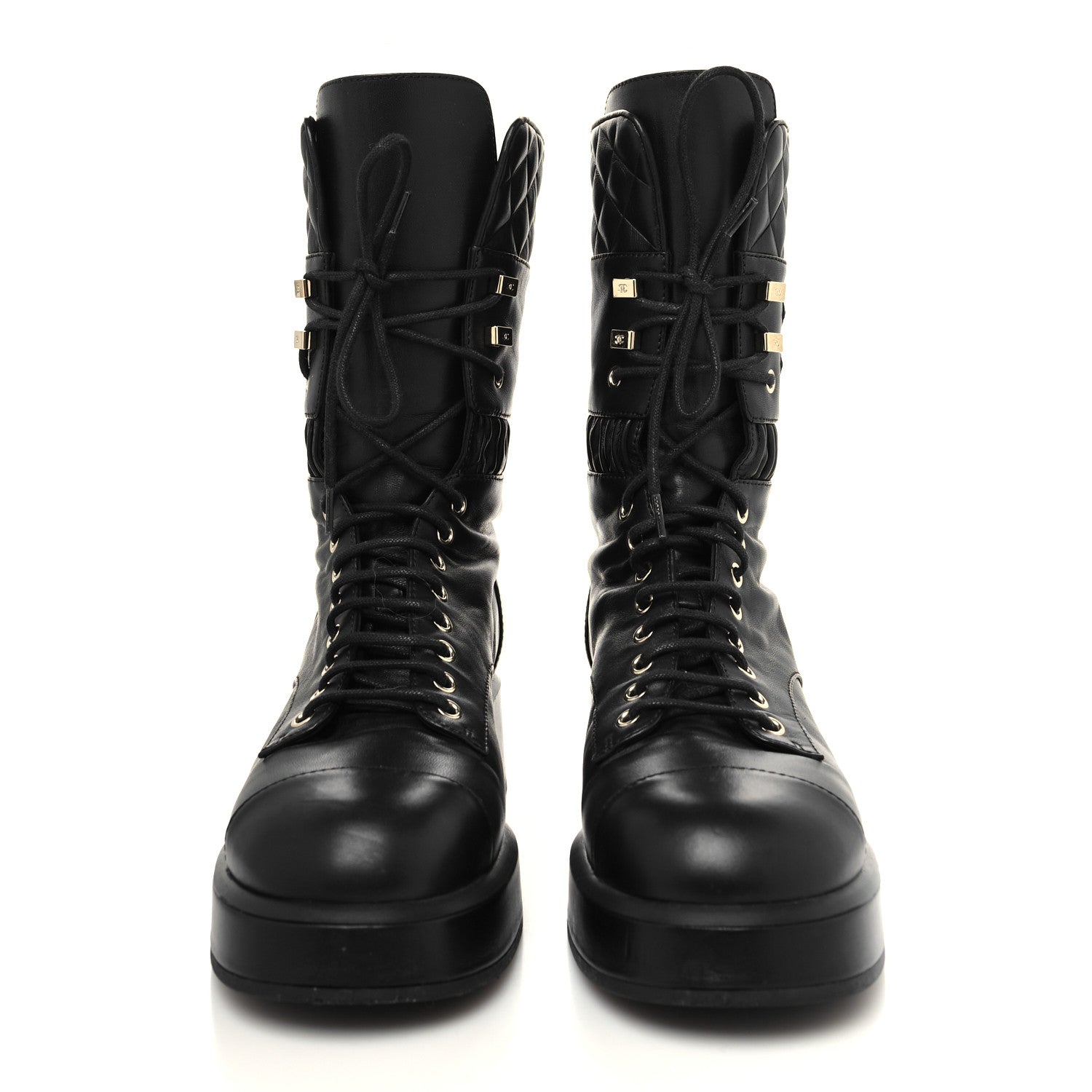 Chanel Lambskin Quilted Lace Up Combat Boots 39 Black 2 of 8