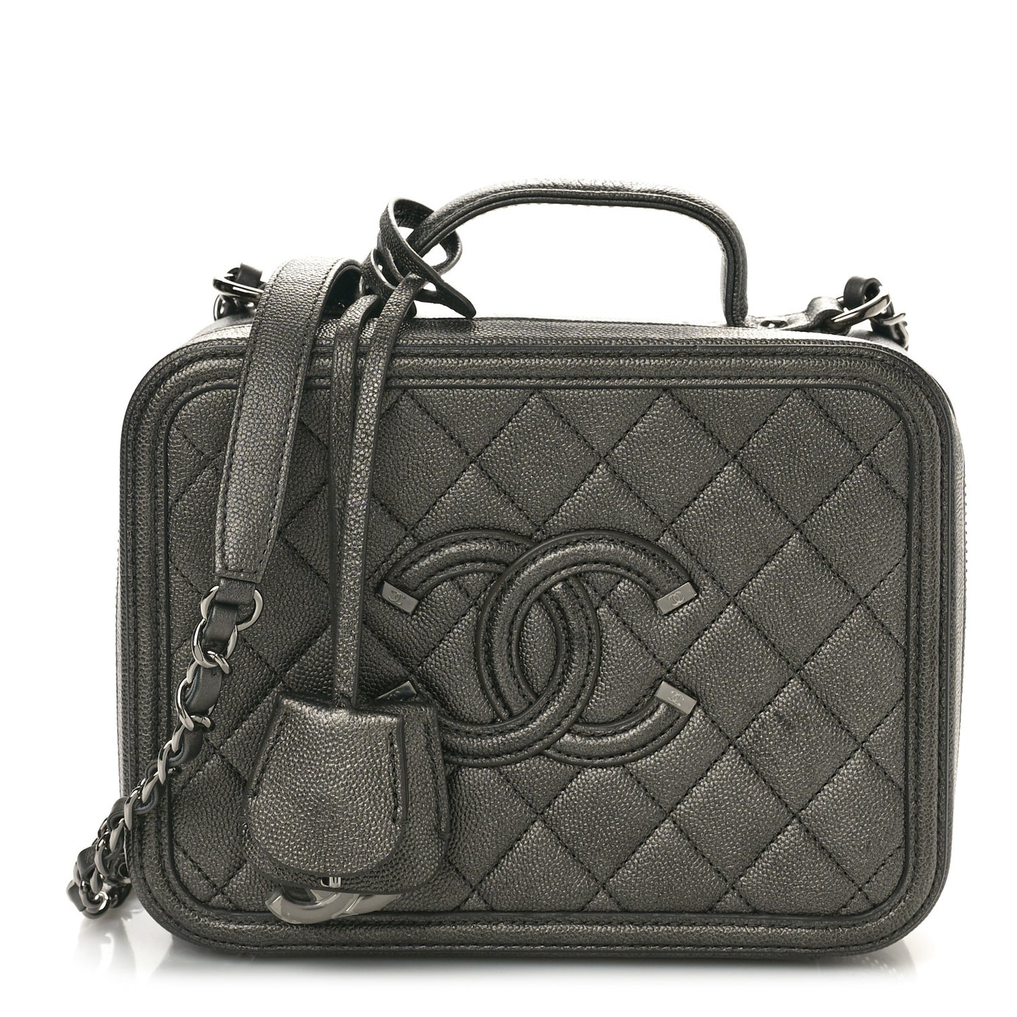 Metallic Caviar Quilted Medium CC Filigree Vanity Case Dark Silver