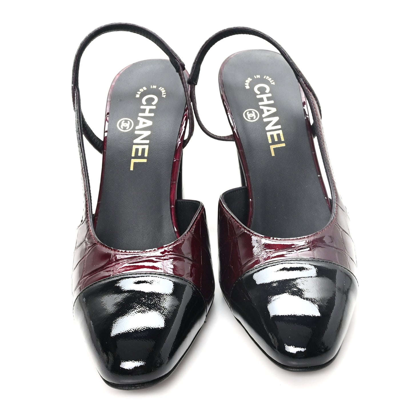 Crocodile Embossed Patent Grosgrain Cap Toe CC Slingback Pumps 37.5 Dark Burgundy Black