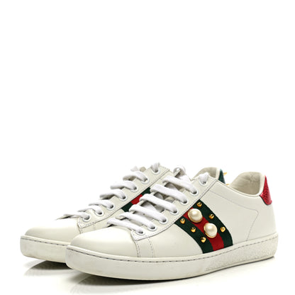 Gucci Calfskin Web Pearl Studded Womens Ace Sneakers 35 White 3 of 15