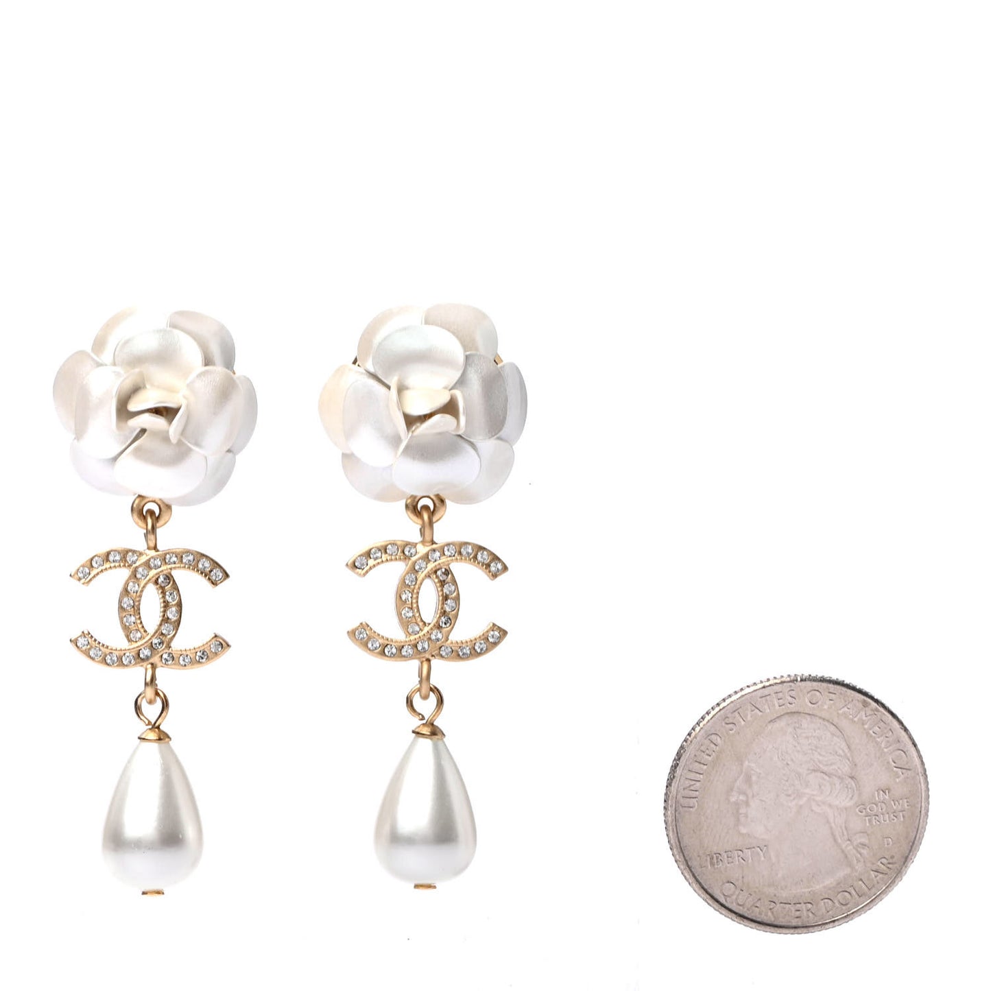 Metal Crystal Pearl 90s Camellia CC Drop Earrings Gold