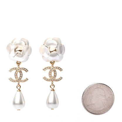 Chanel Metal Crystal Pearl 90s Camellia CC Drop Earrings Gold 2 of 4