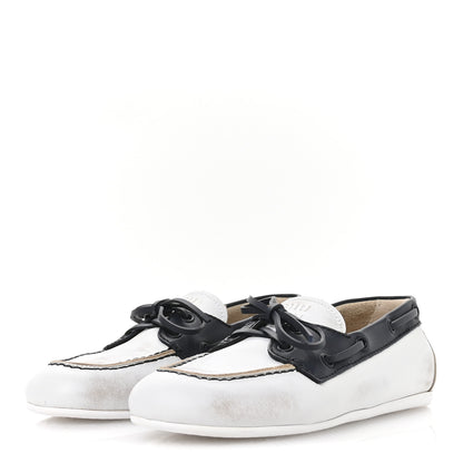 Miu Miu Vitello Deco Boat Loafers 37 White Black 4 of 8