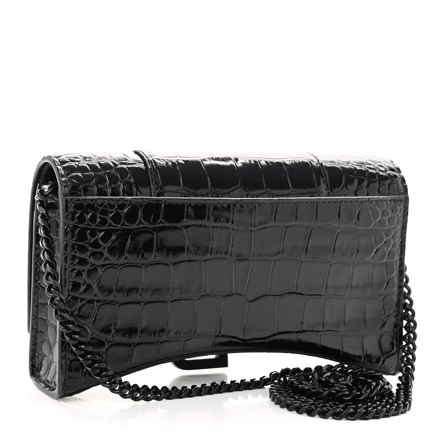 Shiny Calfskin Monochrome Crocodile Embossed Hourglass Chain Bag Black
