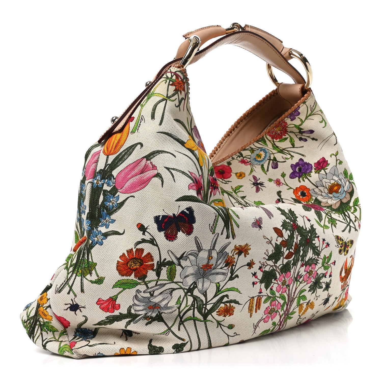 Gucci Canvas Flora Floral Large Horsebit Chain Hobo White 3 of 12