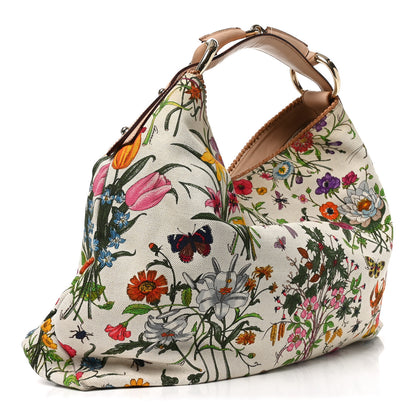 Gucci Canvas Flora Floral Large Horsebit Chain Hobo White 3 of 12