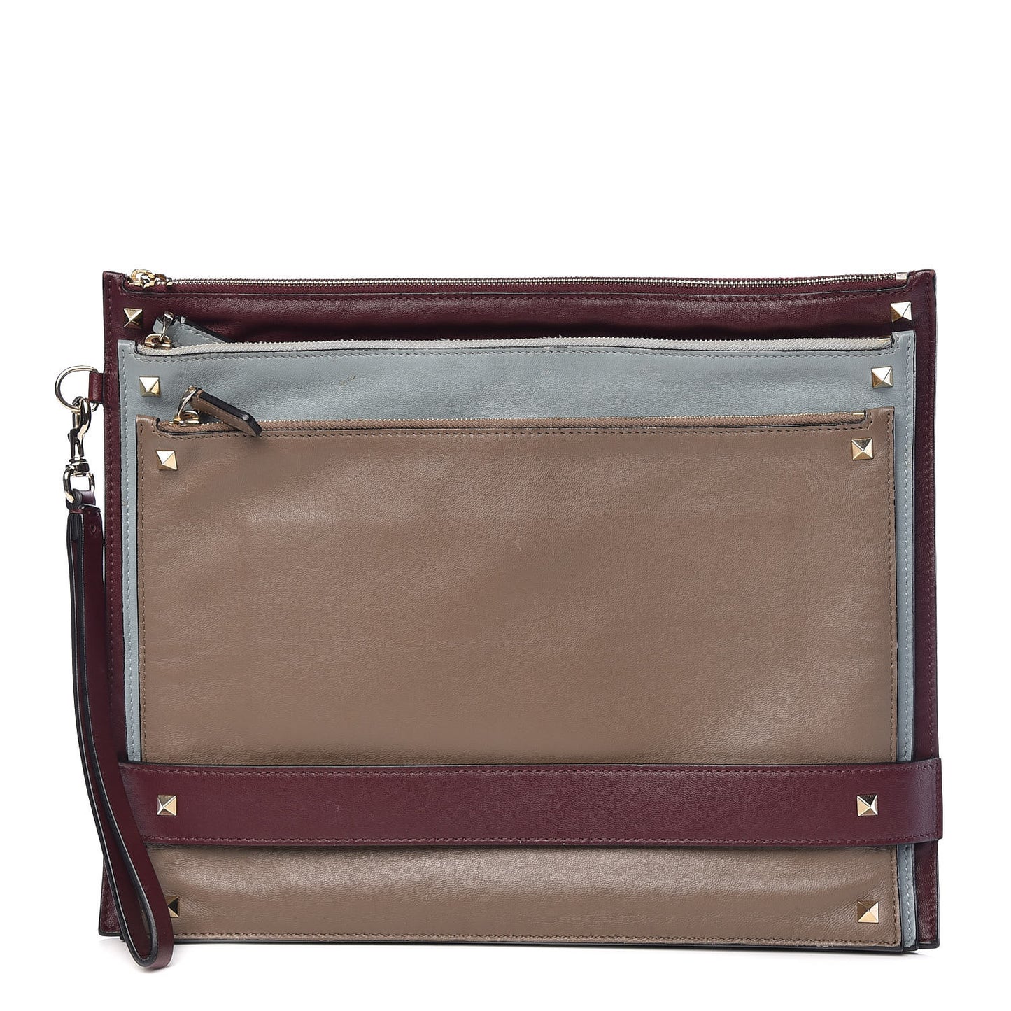 Vitello Rockstud Triple Zip Wristlet Pouch Multicolor