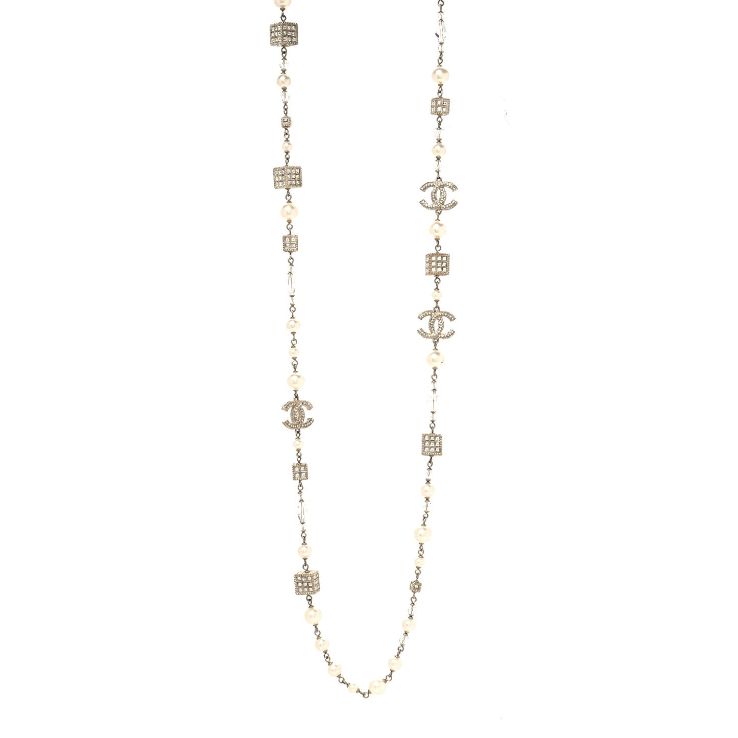 Pearl Bead Crystal CC Long Necklace Gold