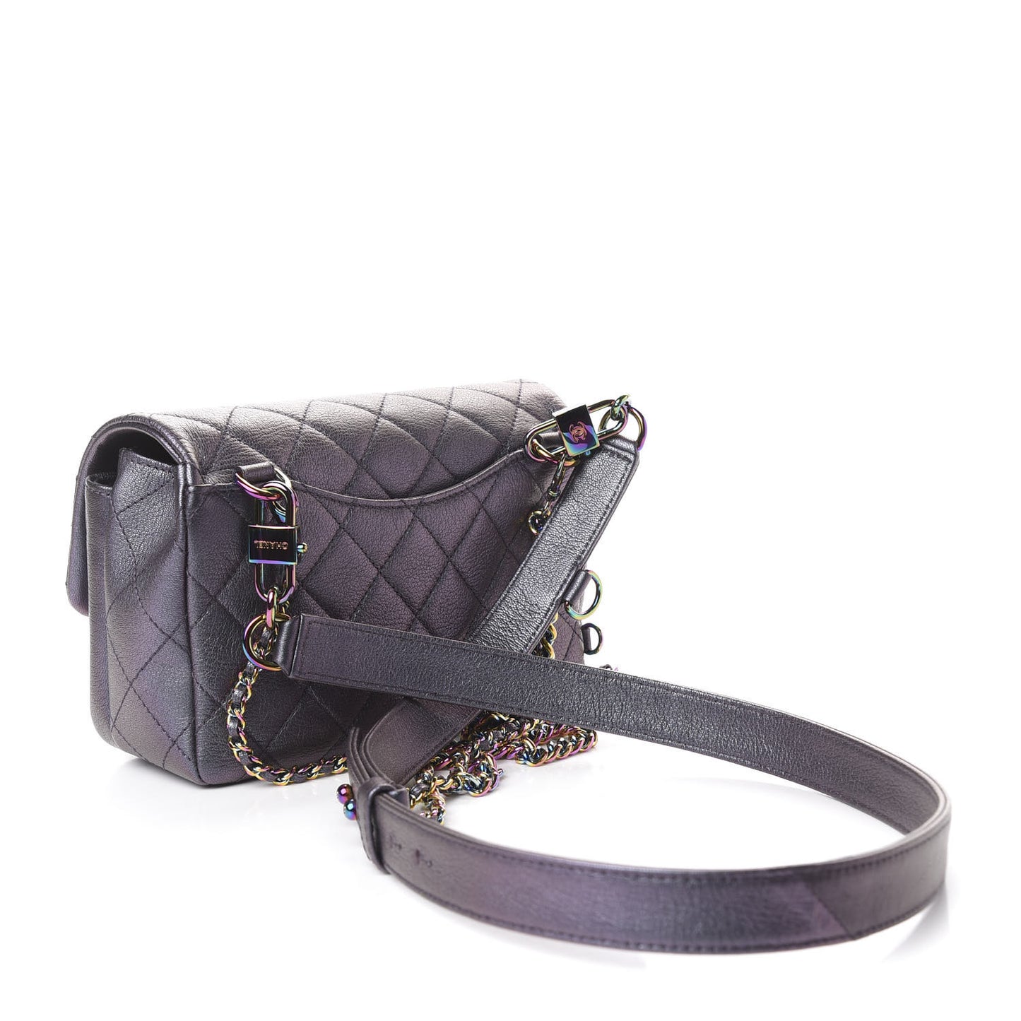 Iridescent Goatskin Quilted Small Double Carry Waist Chain Flap Purple