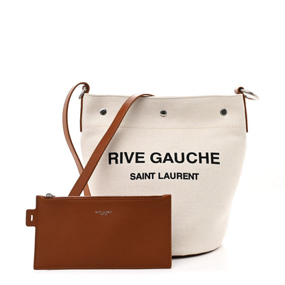 Saint Laurent Linen Calfskin Rive Gauche Bucket Bag Optic White Cognac 3 of 12