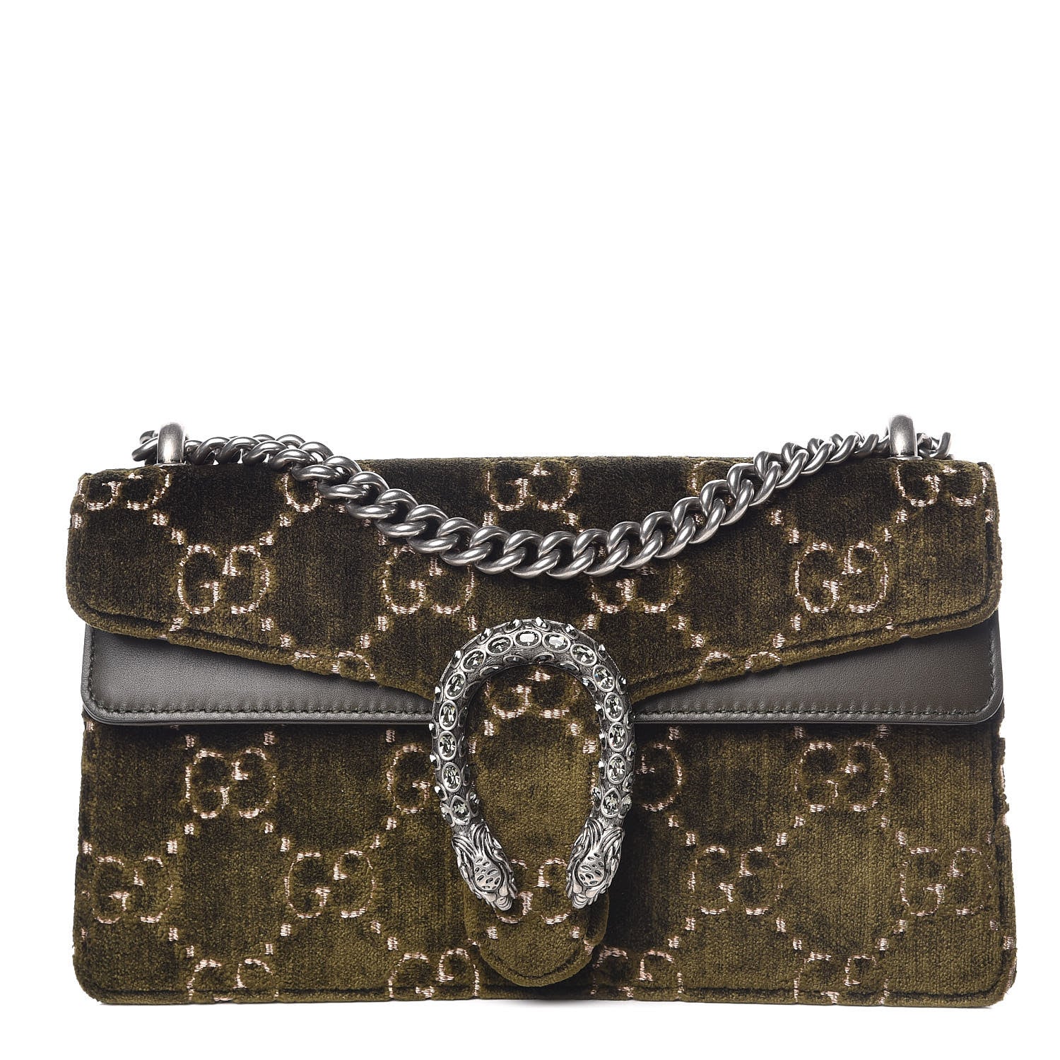 Gucci Velvet Moon Calfskin Crystal GG Monogram Small Dionysus Shoulder Bag Dark Olive Rose Gold 1 of 11
