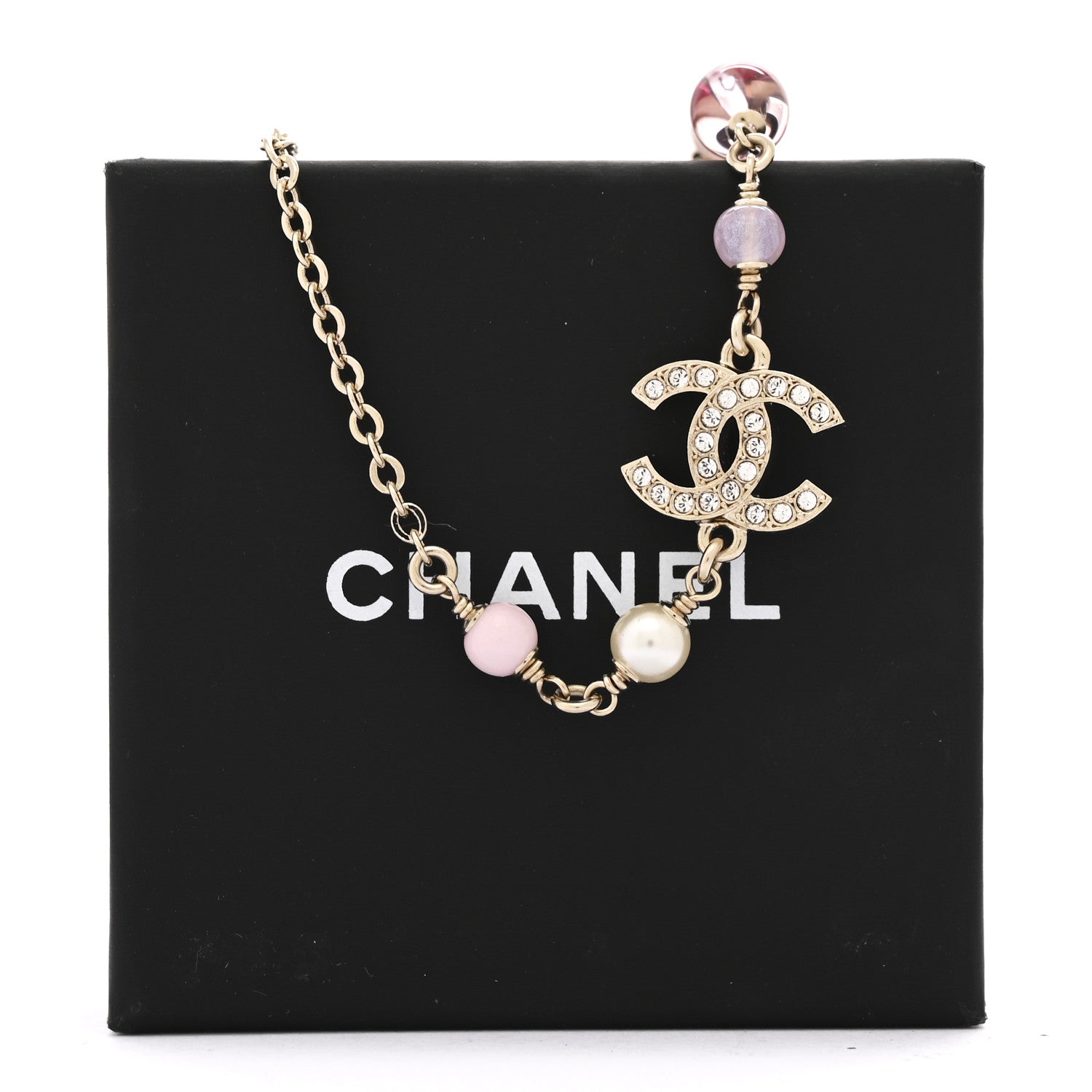 Chanel Pearl Crystal Bead CC Flower Long Necklace Gold Pearly White Pink Crystal 7 of 7