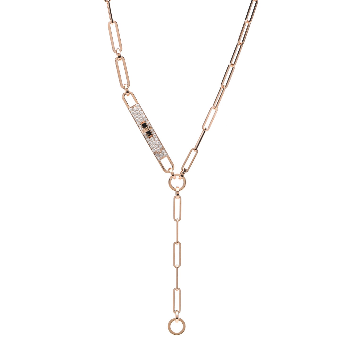 Hermes 18K Rose Gold Diamond Pave PM Kelly Chaine Lariat Necklace SH 1 of 5