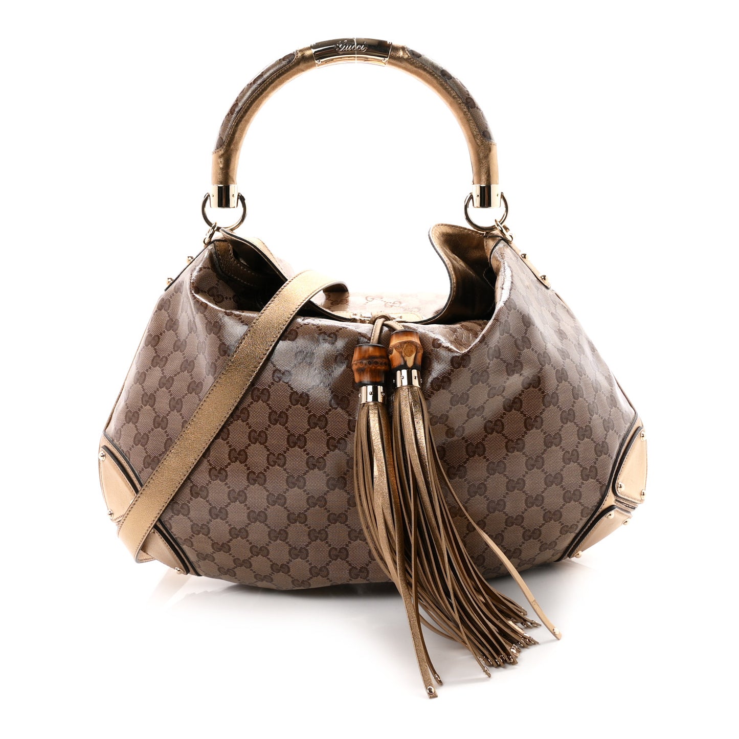 Crystal Monogram Metallic Calfskin Large Indy Top Handle Bag Beige Ebony Gold