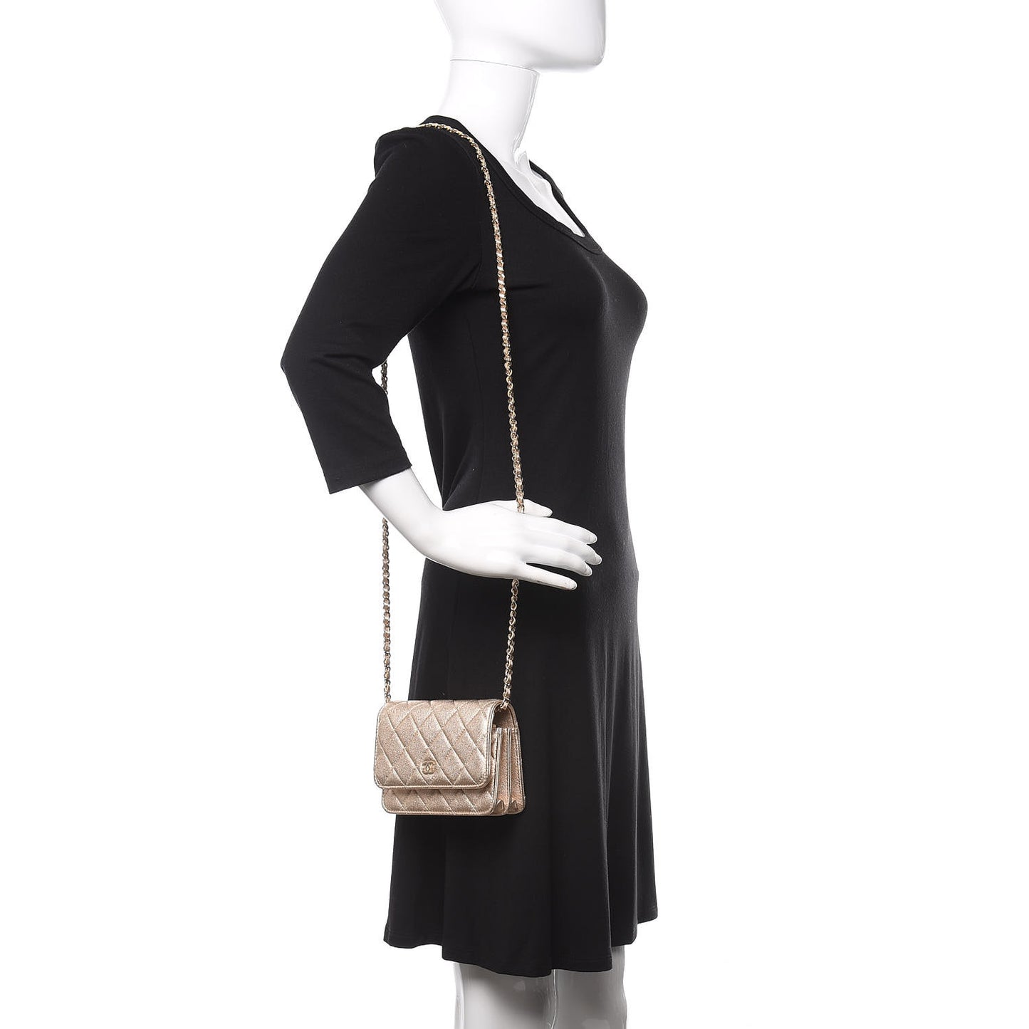 Metallic Lambskin Quilted Mini Wallet On Chain WOC Gold
