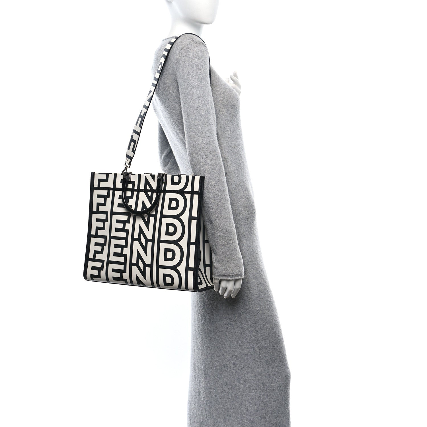 Fendi X MARC JACOBS Vitello King Logo Print Medium Fendi Sunshine Shopper Tote Black White 3 of 10