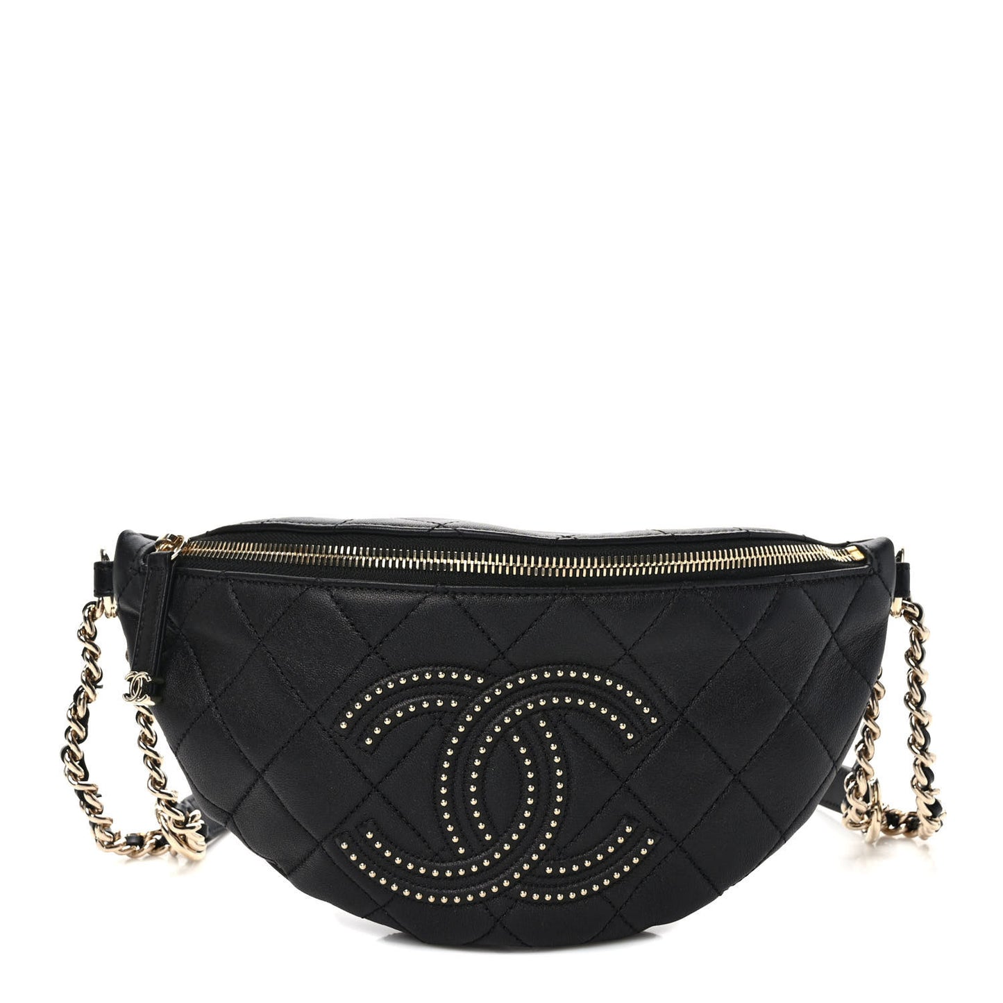 Lambskin Quilted Studded Waist Bag Fanny Pack Black
