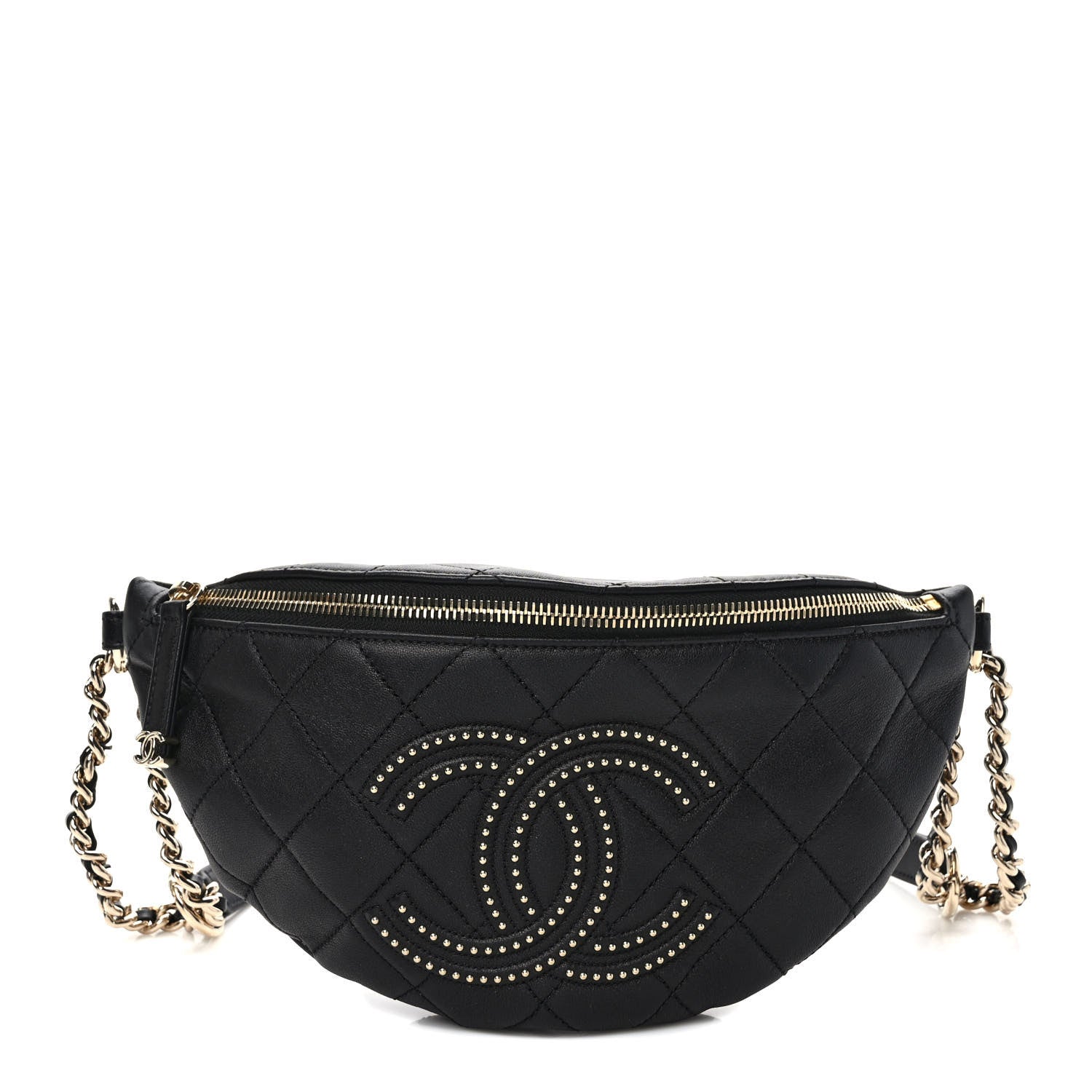 Chanel Lambskin Quilted Studded Waist Bag Fanny Pack Black 1 of 9