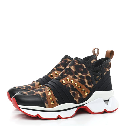 Christian Louboutin Calfskin Neoprene Leopard Studded Donna Flat Sneakers 38 Black Marron 3 of 9