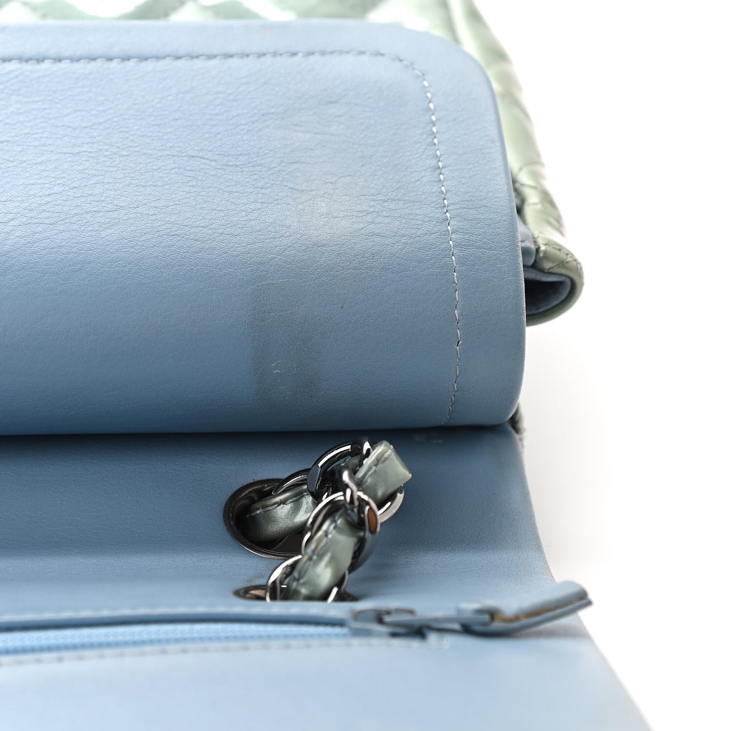 Patent Calfskin Quilted Medium Double Flap Turquoise