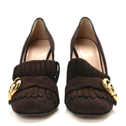 Gucci Kid Scamosciato GG Marmont Fringe 105mm Loafer Pumps 34 Cocoa 2 of 8