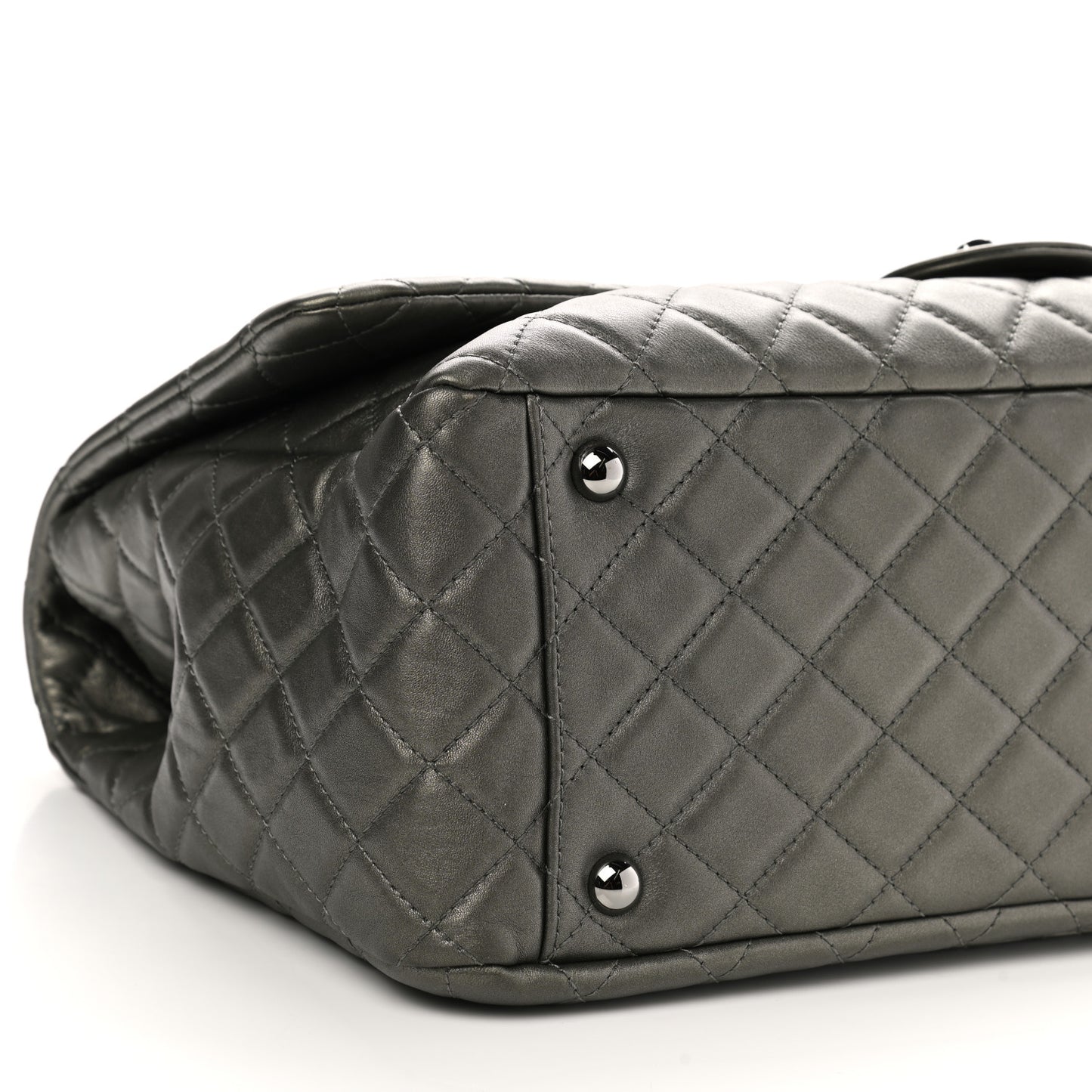 Metallic Calfskin Quilted XXL Travel Flap Bag Dark Silver