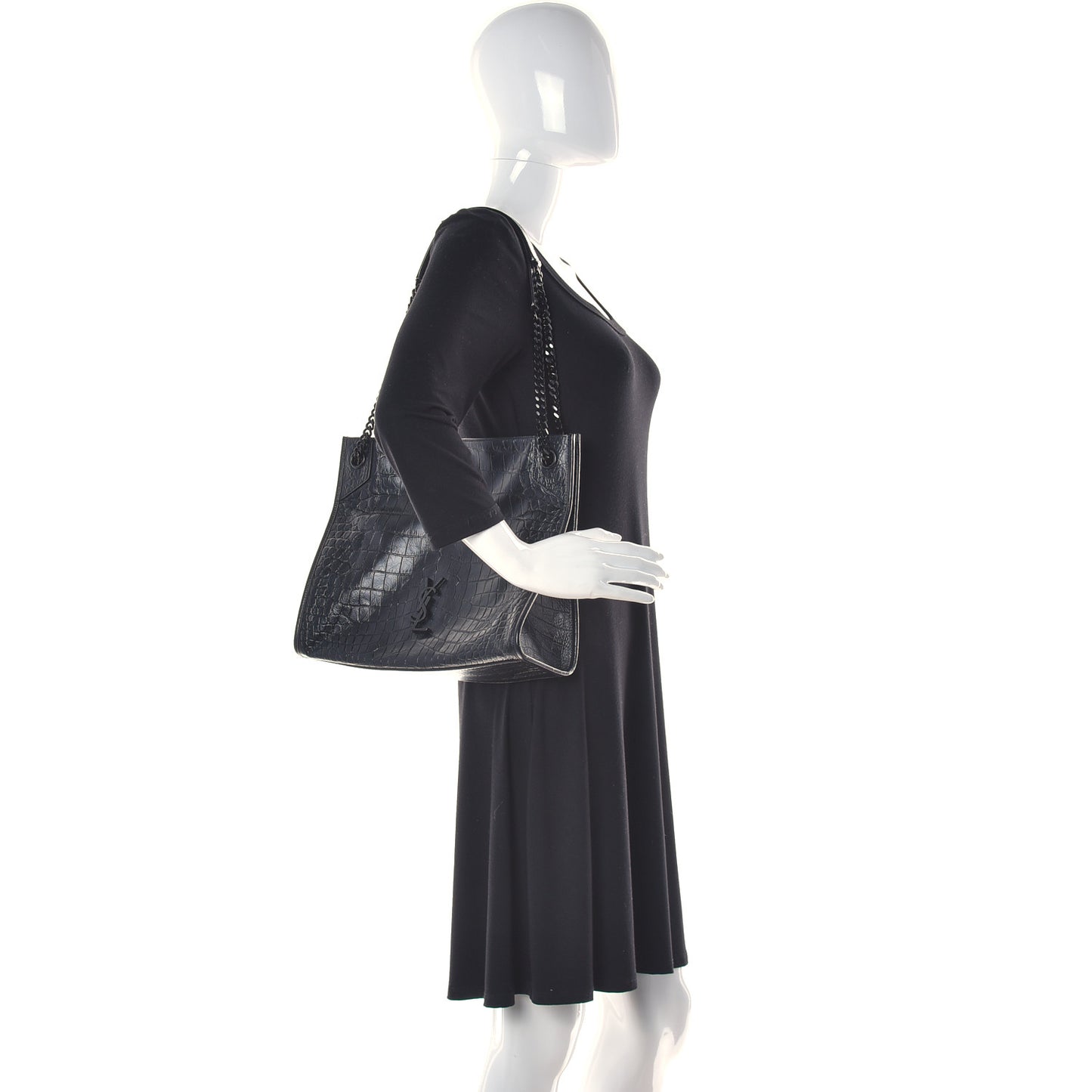 Calfskin Crocodile Embossed Monogram Medium Niki Shopping Bag Black