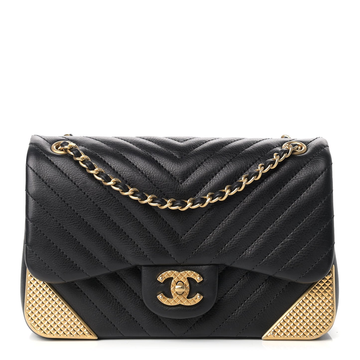 Calfskin Chevron Quilted Mini Rock The Corner Flap Black