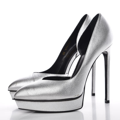Saint Laurent Metallic Grained Calfskin Janis 105 D'Orsay Pumps 38.5 Argento 3 of 16