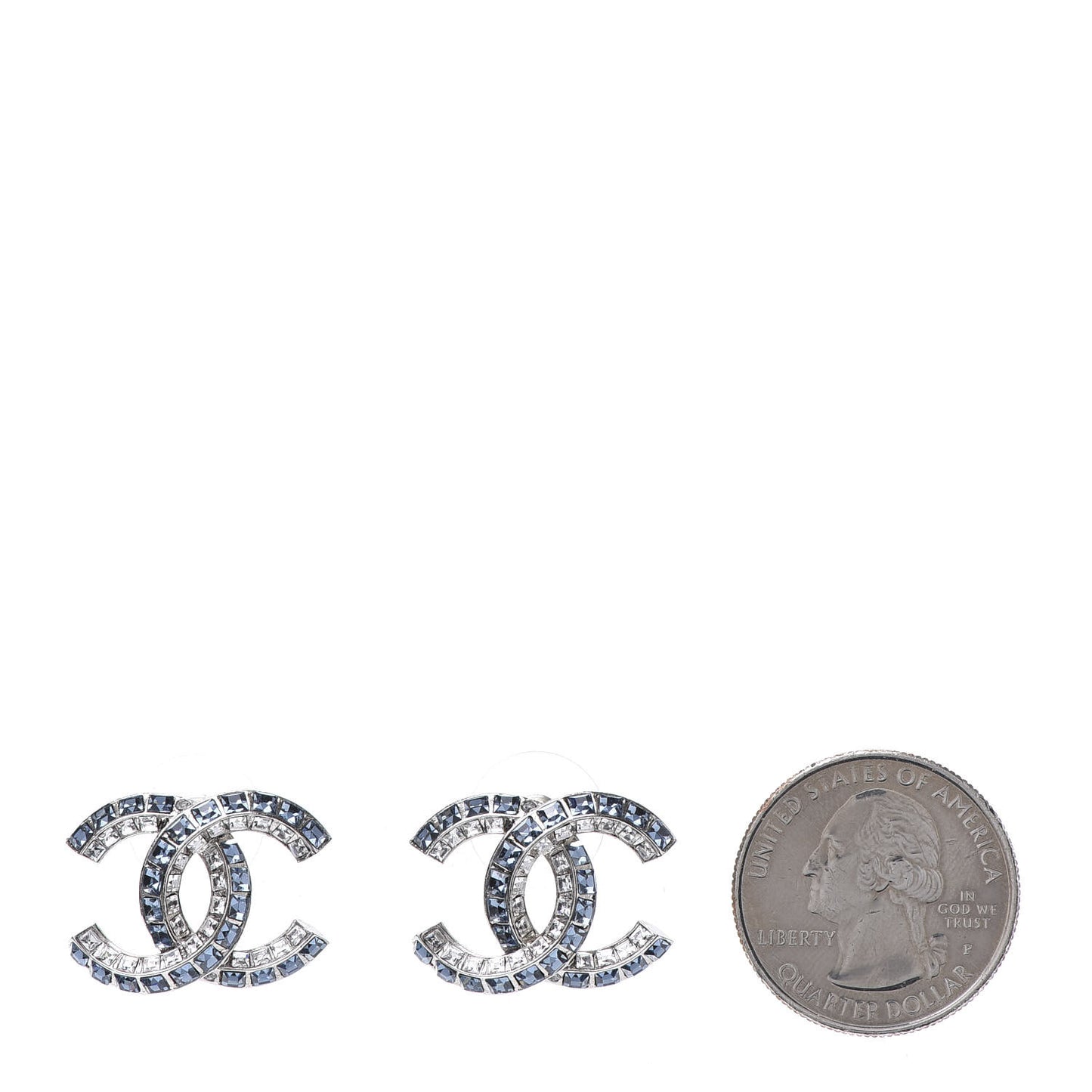 Metal Baguette Crystal CC Earrings Silver Blue
