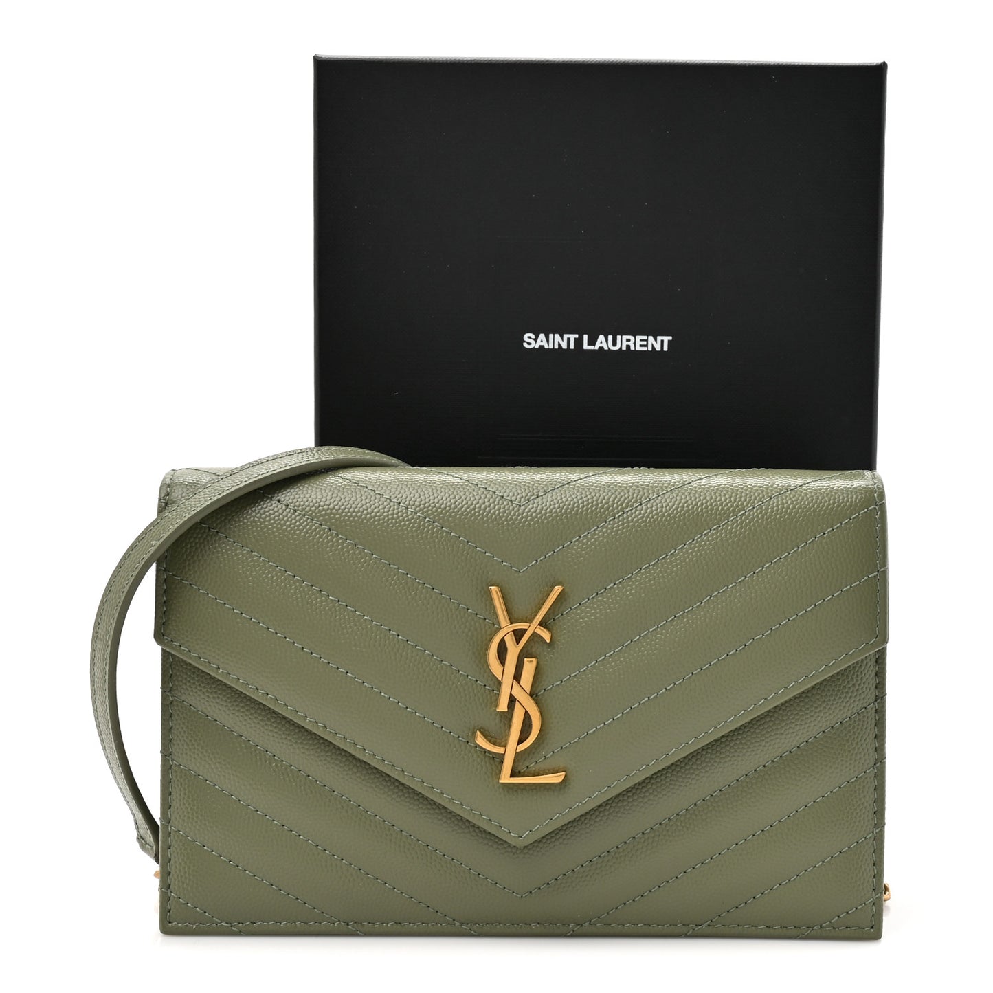 Grain De Poudre Matelasse Chevron Monogram Envelope Chain Wallet Light Sage