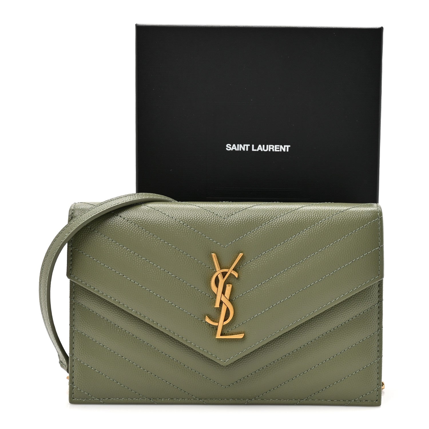 Saint Laurent Grain De Poudre Matelasse Chevron Monogram Envelope Chain Wallet Light Sage 11 of 11
