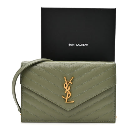 Saint Laurent Grain De Poudre Matelasse Chevron Monogram Envelope Chain Wallet Light Sage 11 of 11