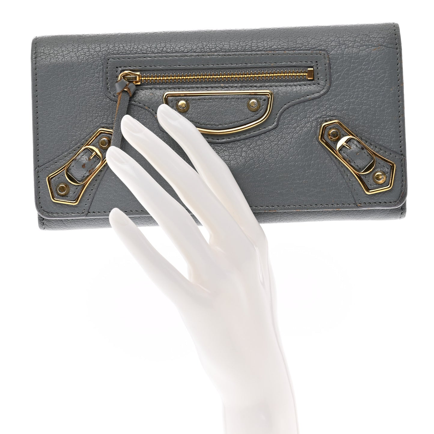 Chevre Gold Metallic Edge Hardware Continental Flap Wallet Bleu Acier