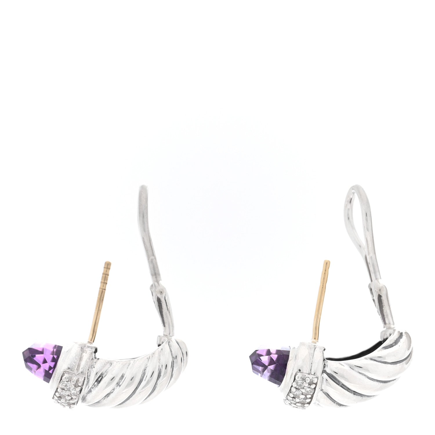 David Yurman Sterling Silver Diamond Amethyst Shrimp Earrings 3 of 4