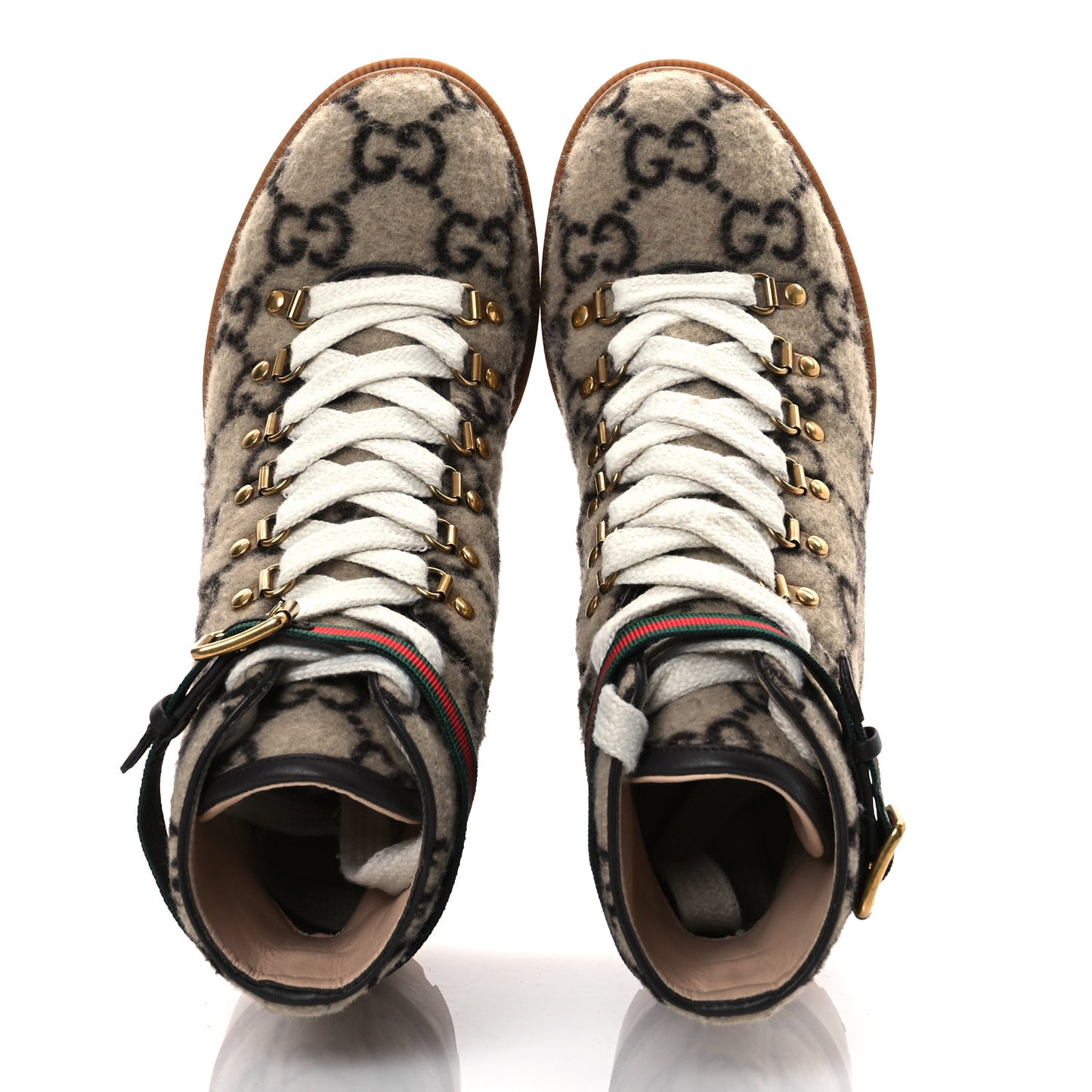 Covered Wool Big GG Monogram Womens Lace Up Combat Ankle Boots 40 Beige Ebony Cocoa