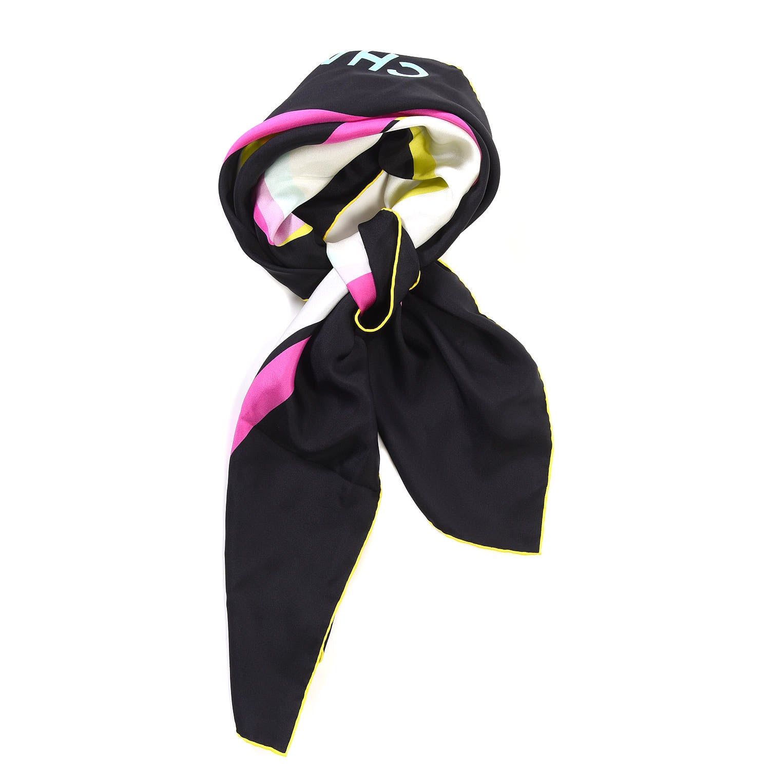 Chanel Silk CC Square Scarf Black Pink Yellow 1 of 6
